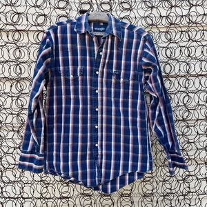 Vintage Wrangler Blue Red White America Plaid Brushpopper Western Shirt SMALL?